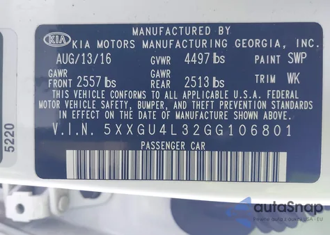 2016 Kia Optima Ex из США, поврежденный, VIN 5XXGU4L32GG106801